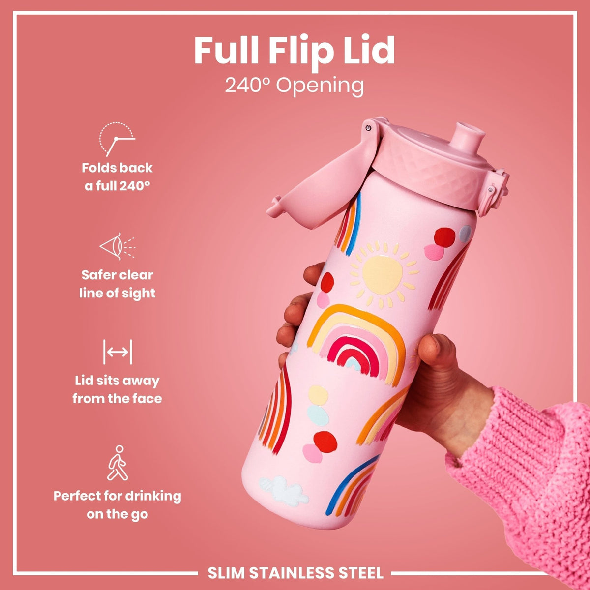 Ion8 stainless steel water bottle with rainbow design, 600ml (20oz), leak-proof and slim, durable steel drink bottle for hydration.