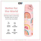 Ion8 stainless steel water bottle with rainbow design, 600ml leak-proof, slim, durable steel water bottle for hydration.