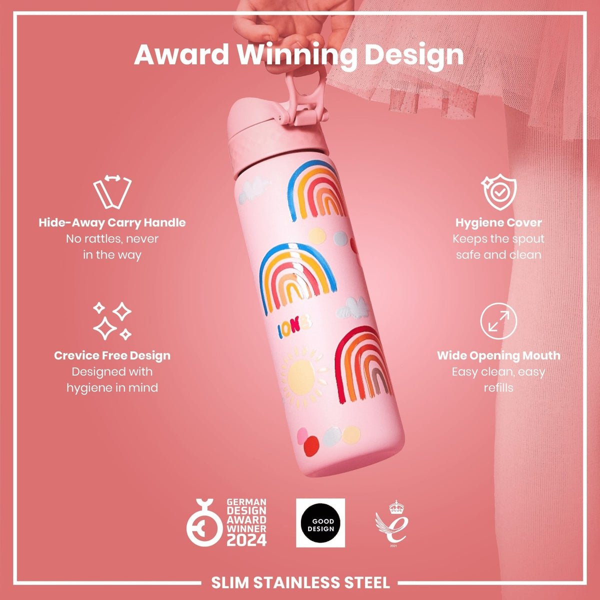 Ion8 stainless steel water bottle with rainbow design, 600ml capacity, leak-proof, slim and durable for everyday hydration.