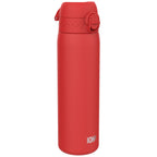 ION8 stainless steel water bottle in red, 600ml capacity, leak-proof design, slim and durable for everyday hydration.