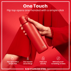 Red stainless steel water bottle by ION8, 600ml capacity, leak-proof design, slim shape, ideal for staying hydrated on the go.