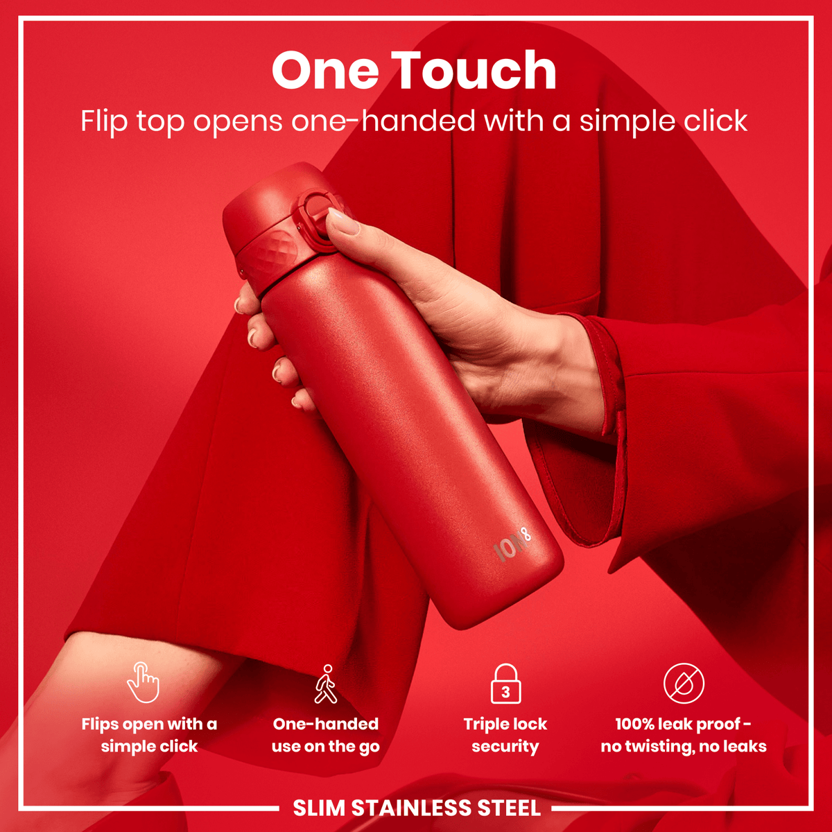 Red stainless steel water bottle by ION8, 600ml capacity, leak-proof design, slim shape, ideal for staying hydrated on the go.