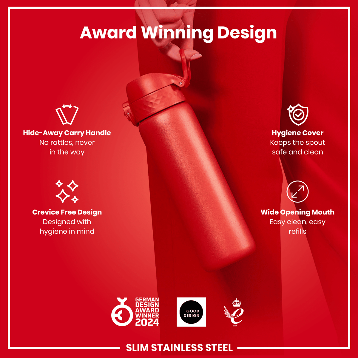 Red stainless steel water bottle by ION8, 600ml capacity, leak-proof design, slim shape, durable and insulated for hot or cold drinks.
