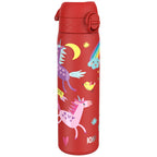 ION8 stainless steel water bottle with red unicorns design, 600ml capacity, leak-proof, slim and durable steel water bottle.