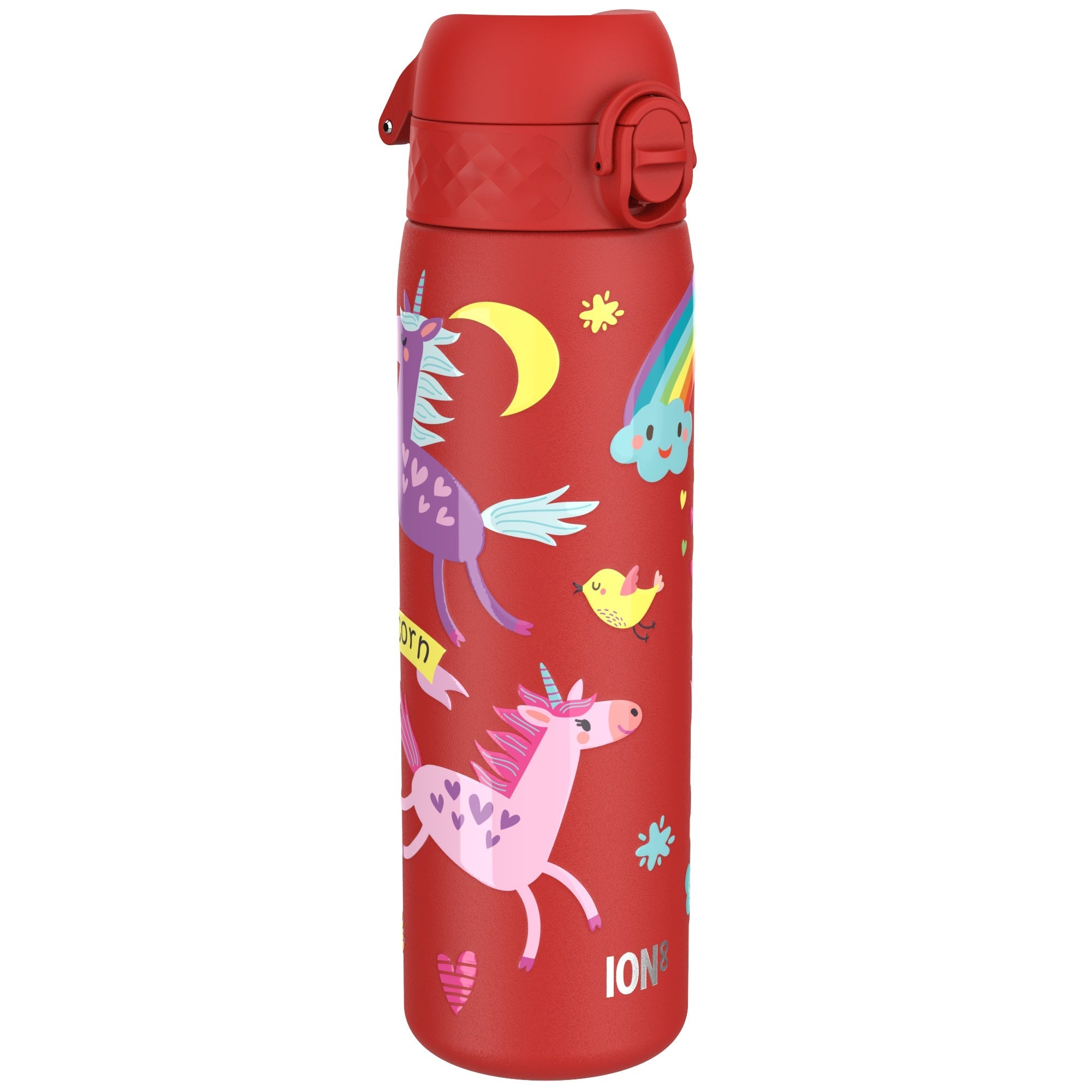 Red unicorns leak-proof slim stainless steel water bottle by ION8, 600ml (20oz), with a sleek design and secure lid.