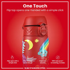 Ion8 stainless steel water bottle with red unicorns, 600ml capacity, leak-proof, slim design, durable steel hydration bottle.