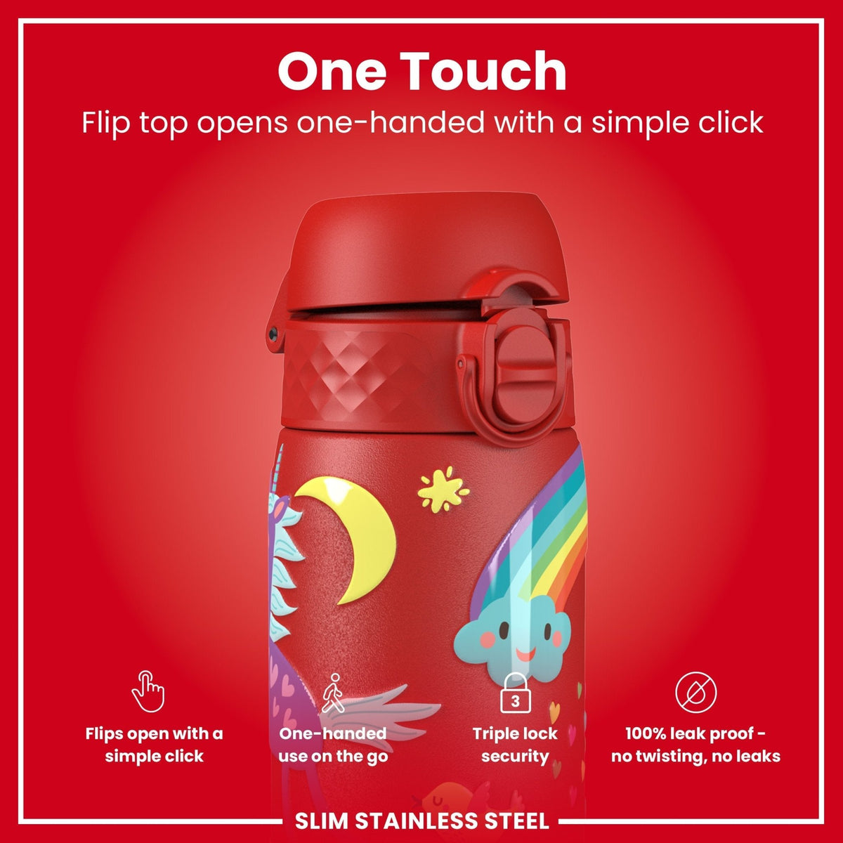 Ion8 stainless steel water bottle with red unicorns, 600ml capacity, leak-proof, slim design, durable steel hydration bottle.