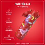 Ion8 stainless steel water bottle in red with unicorn design, 600ml capacity, leak-proof and slim for easy carrying.