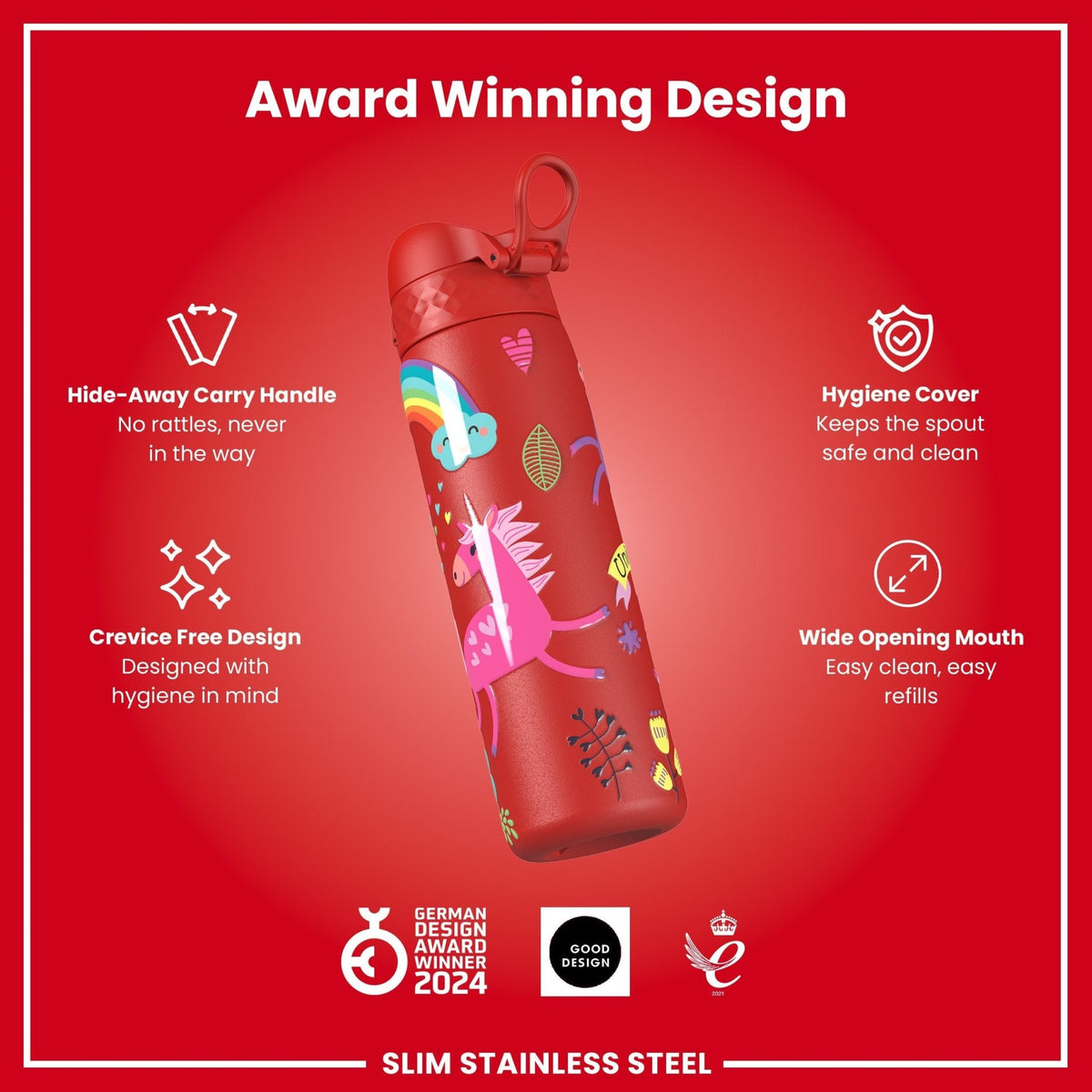 Ion8 stainless steel water bottle with red unicorns design, 600ml capacity, leak-proof, slim, durable steel drink container