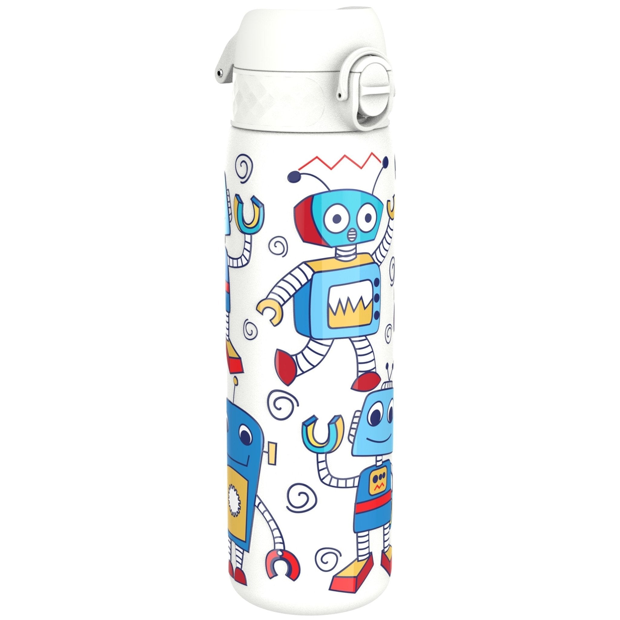 ION8 stainless steel leak-proof slim water bottle with robot design, 600ml (20oz) capacity, perfect for durable hydration.