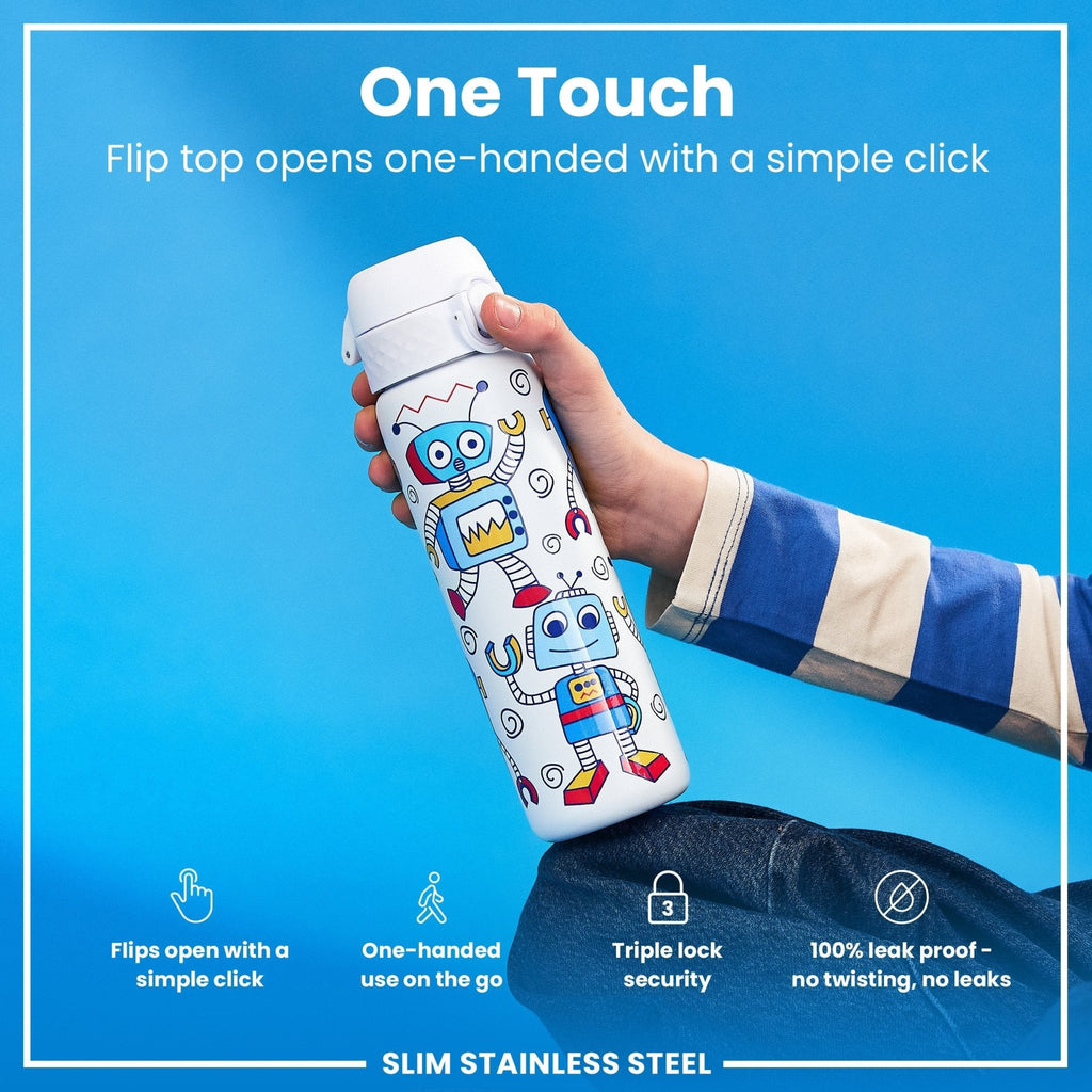 Ion8 stainless steel water bottle with robot design, 600ml capacity, leak-proof, slim, durable steel water bottle for daily use.