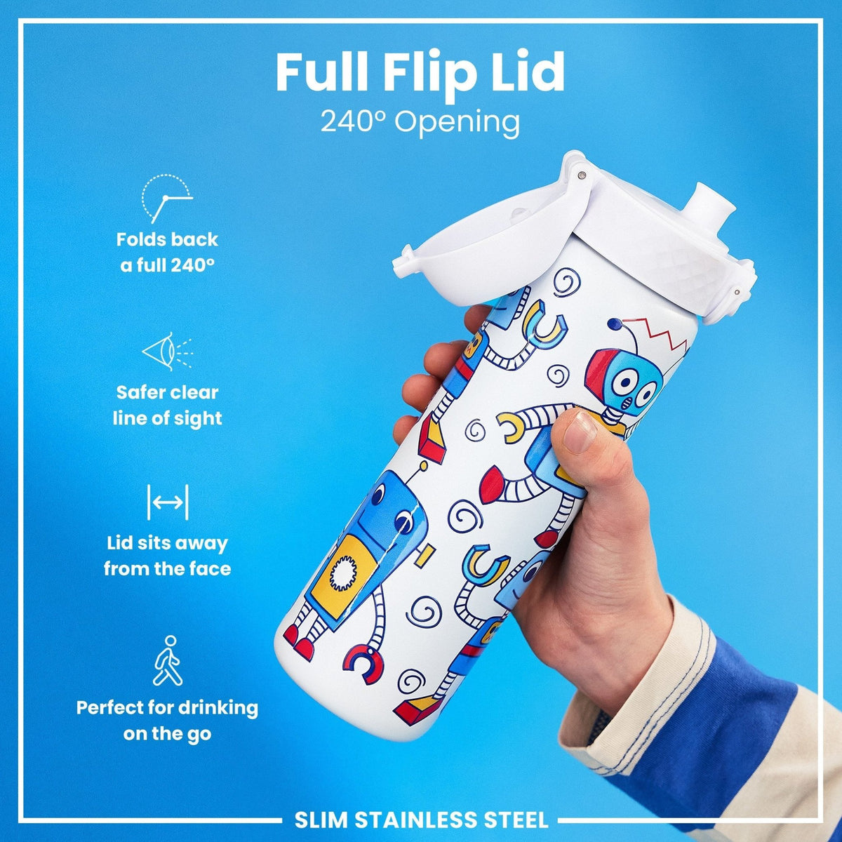 Ion8 stainless steel water bottle with robot design, 600ml capacity, leak-proof, slim and durable for everyday use