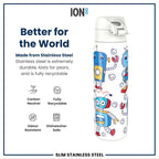 Ion8 stainless steel water bottle featuring a robot design, 600ml capacity, leak-proof, slim, durable steel water bottle.