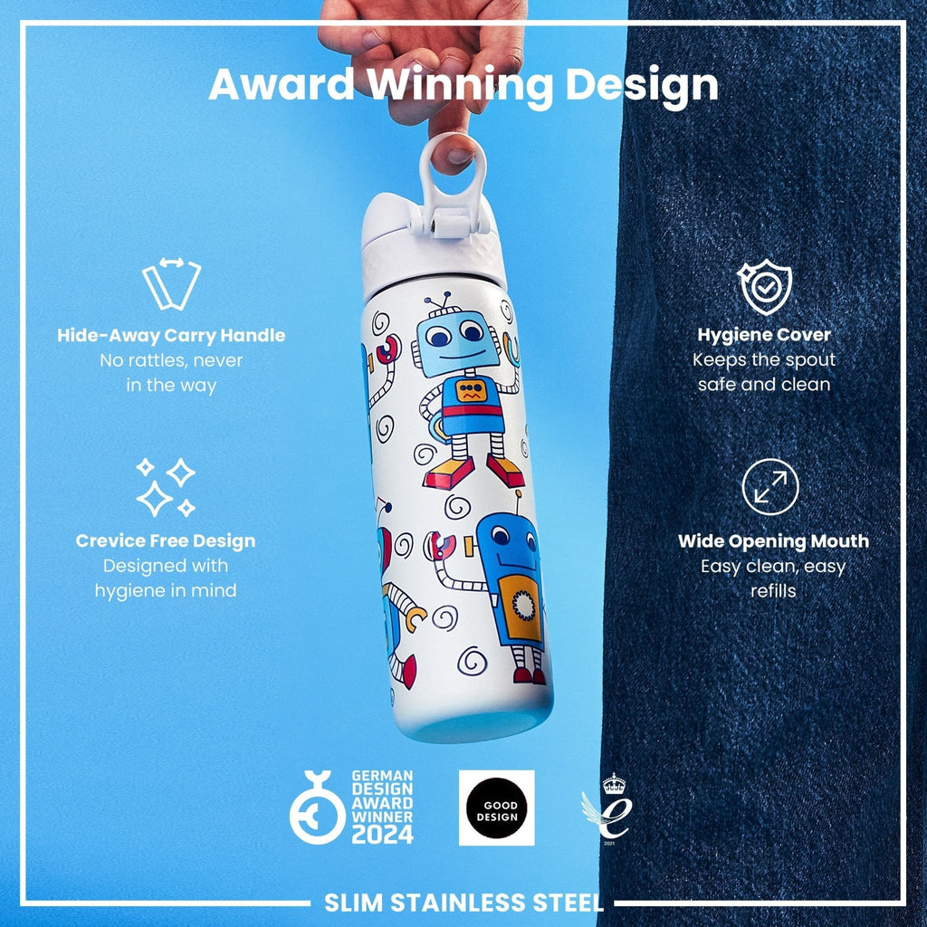 ION8 stainless steel water bottle featuring a robot design, 600ml capacity, leak-proof, slim, durable steel water bottle.