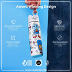 ION8 stainless steel water bottle featuring a robot design, 600ml capacity, leak-proof, slim, durable steel water bottle.