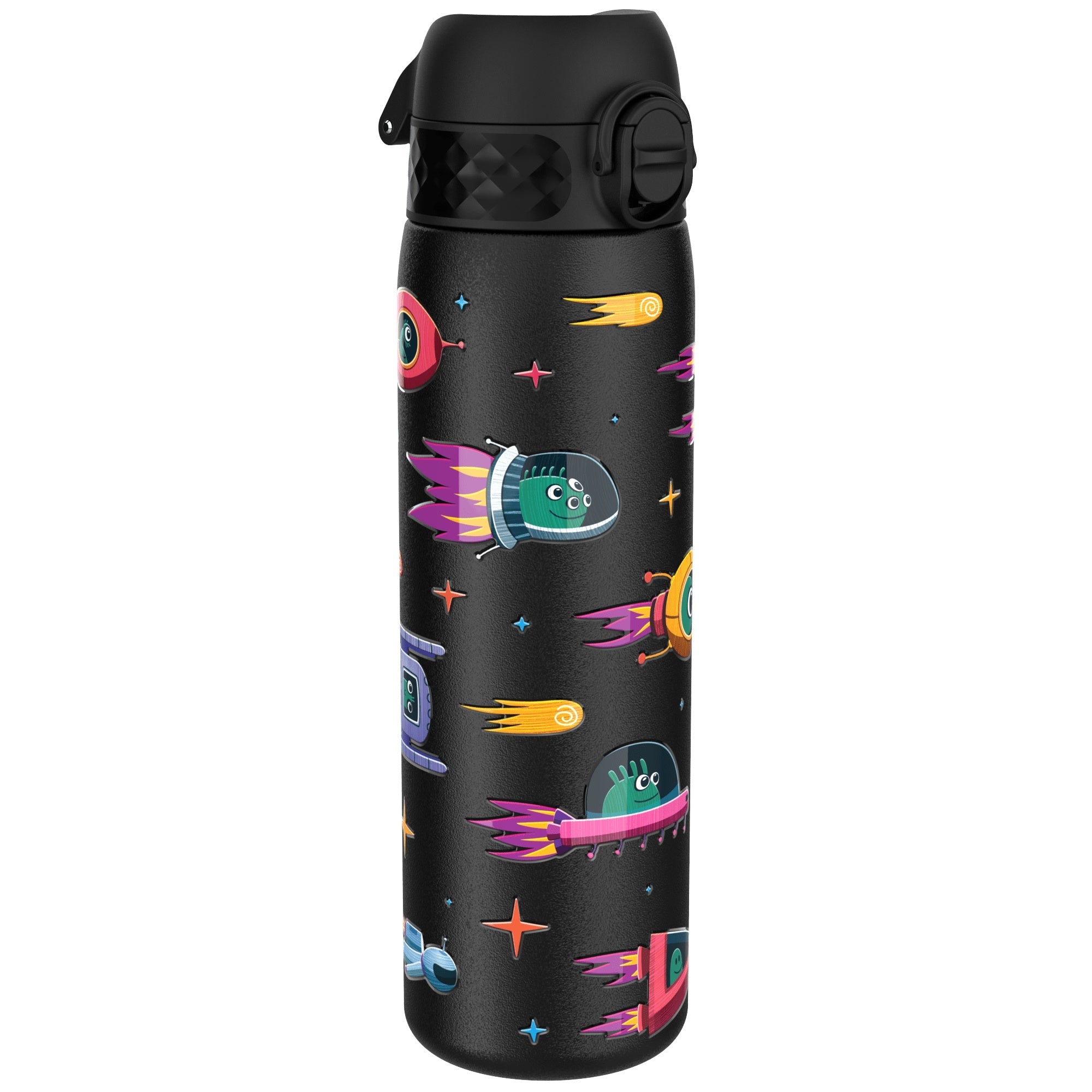 Ion8 stainless steel leak-proof slim water bottle with spaceship design, 600ml (20oz) for durable and portable hydration.