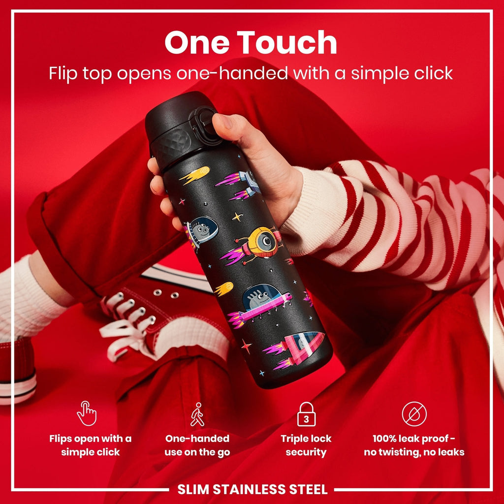 Ion8 stainless steel water bottle featuring a space-themed spaceship design, 600ml capacity, leak-proof, slim and durable.