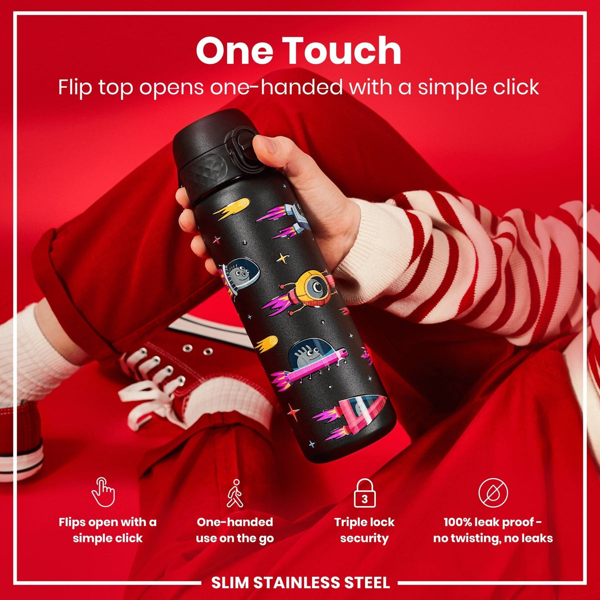 Ion8 stainless steel water bottle featuring a space-themed spaceship design, 600ml capacity, leak-proof, slim and durable.