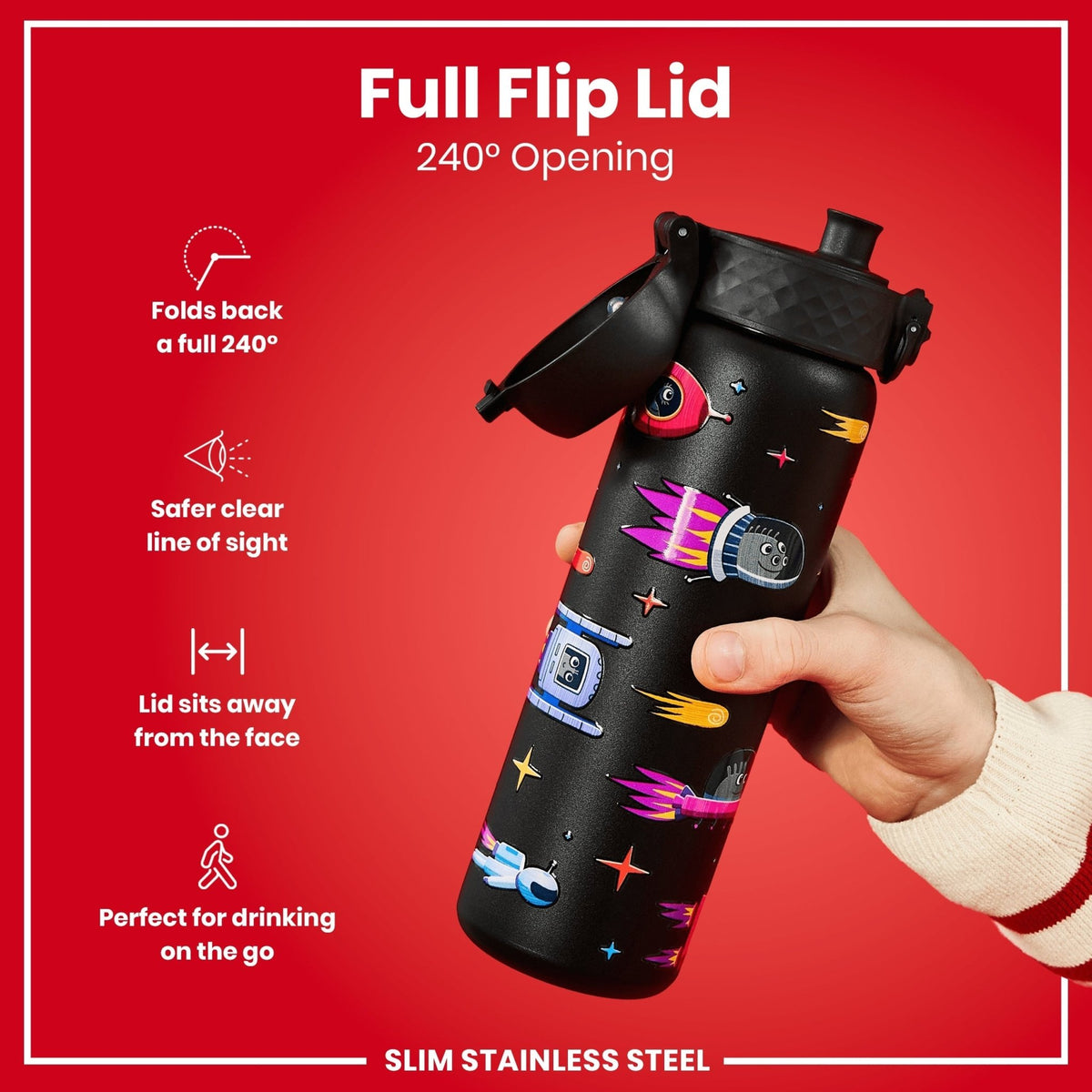Ion8 stainless steel water bottle with spaceship design, 600ml capacity, leak-proof, slim and durable for on-the-go hydration.