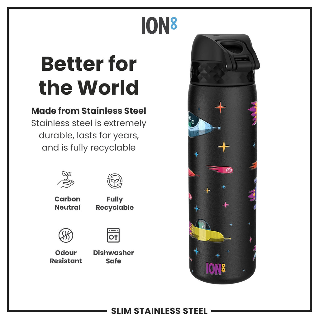 ION8 stainless steel water bottle with spaceship design, 600ml capacity, leak-proof, slim and durable for everyday use