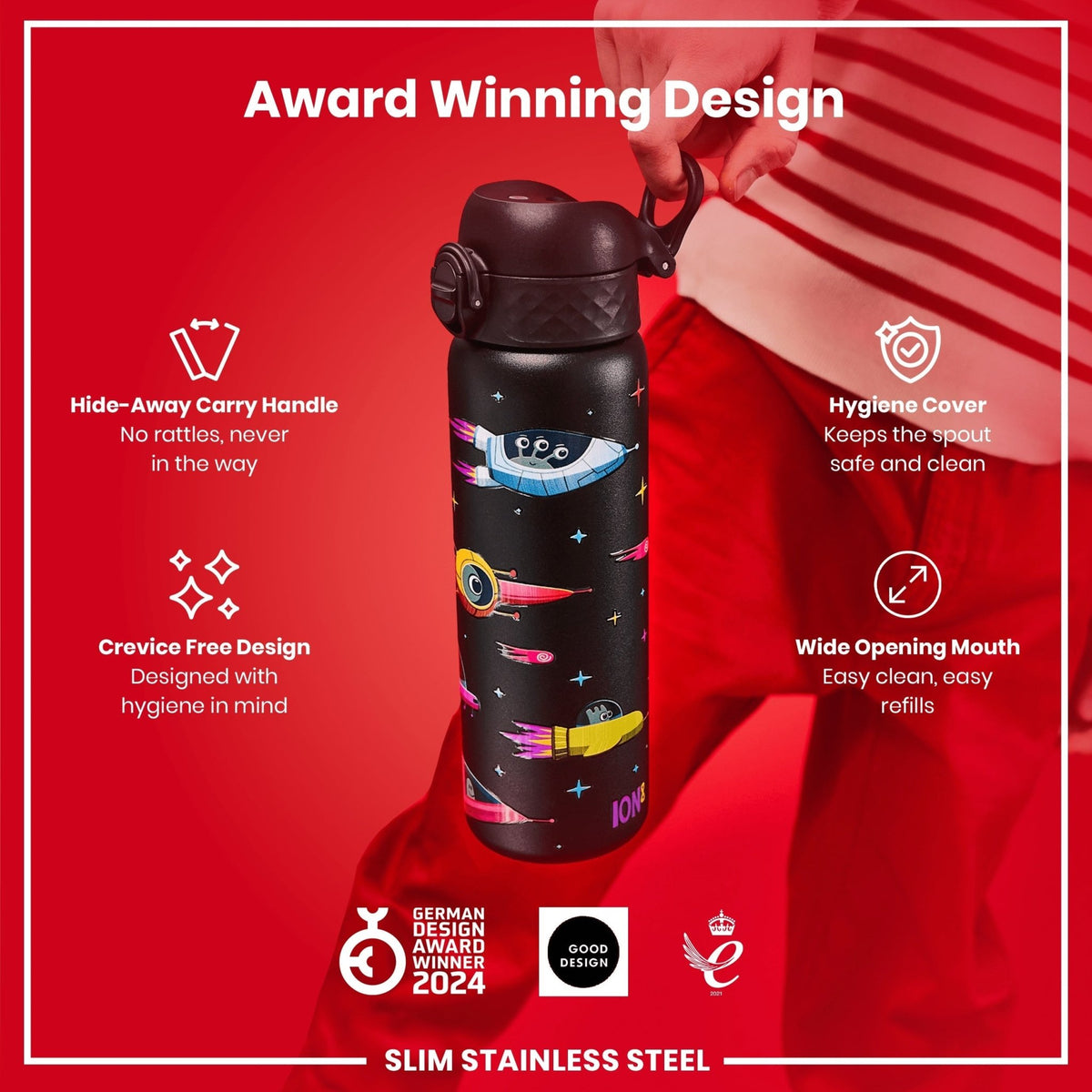 Ion8 stainless steel water bottle with spaceship design, 600ml capacity, leak-proof, slim and durable for everyday use.