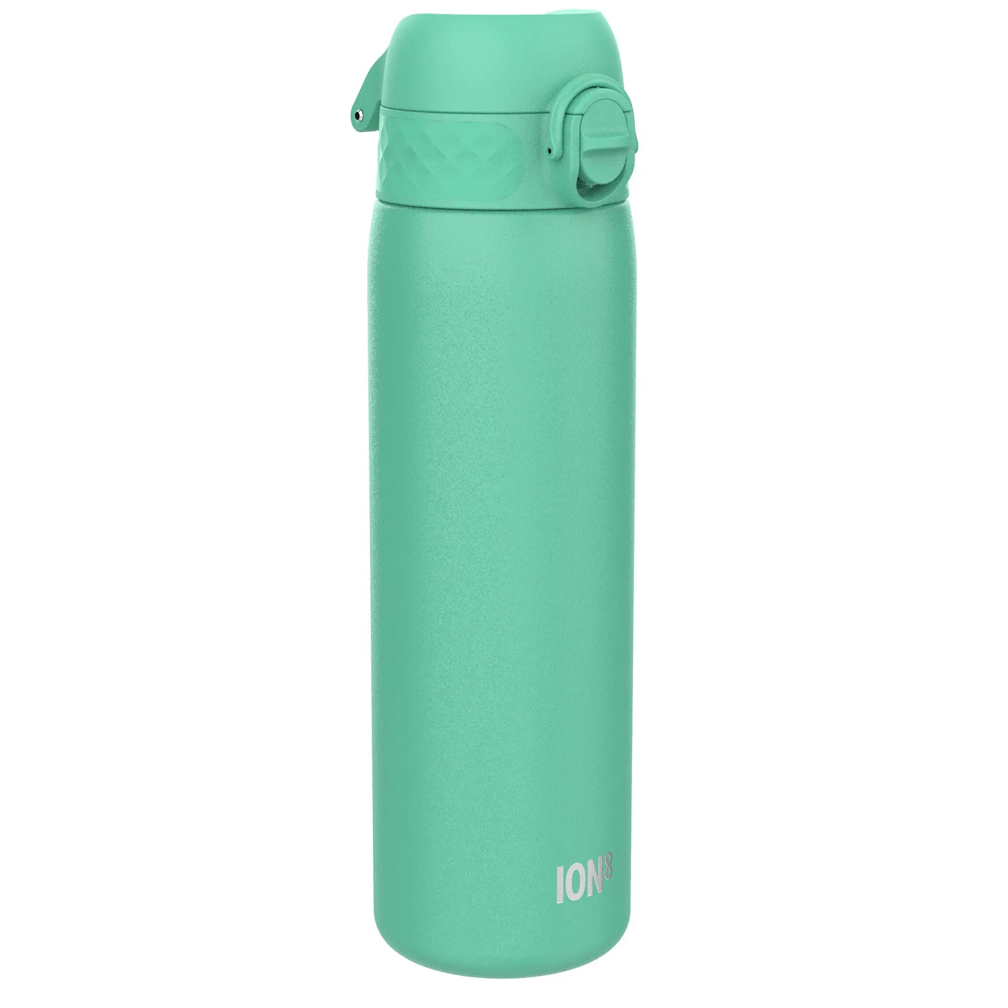 Ion8 stainless steel leak-proof slim water bottle in teal, 600ml (20oz), with a sleek design and secure lid.
