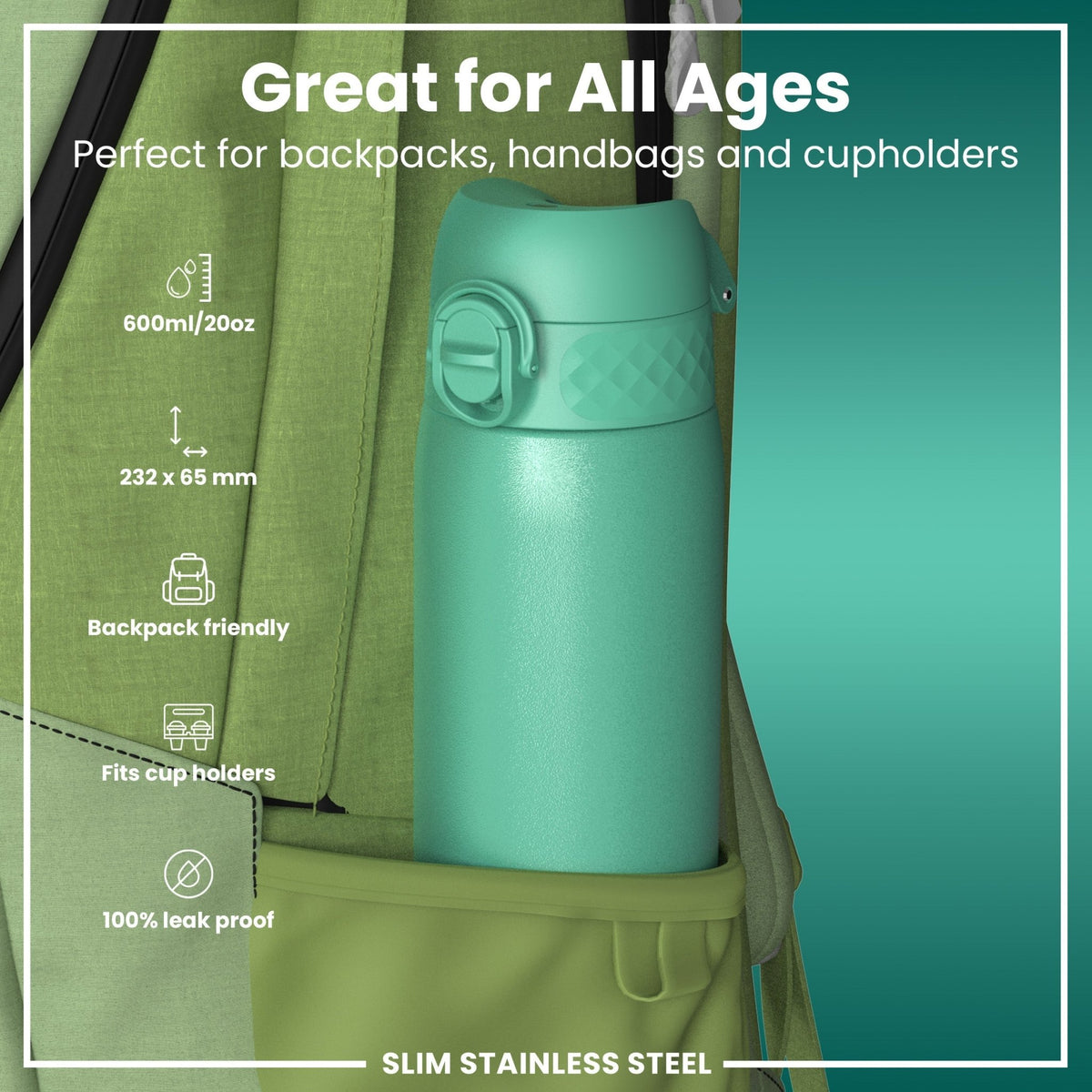 ION8 stainless steel water bottle in teal, 600ml (20oz), leak-proof slim design for durable hydration.