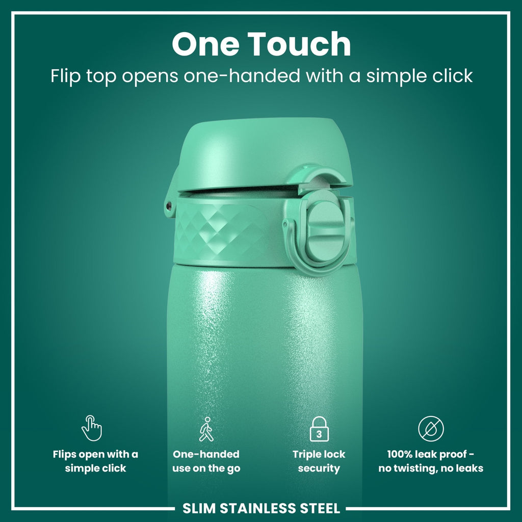 Ion8 stainless steel water bottle in teal, 600ml (20oz), leak-proof slim design for durable hydration.