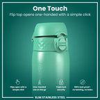 Ion8 stainless steel water bottle in teal, 600ml (20oz), leak-proof slim design for durable hydration.