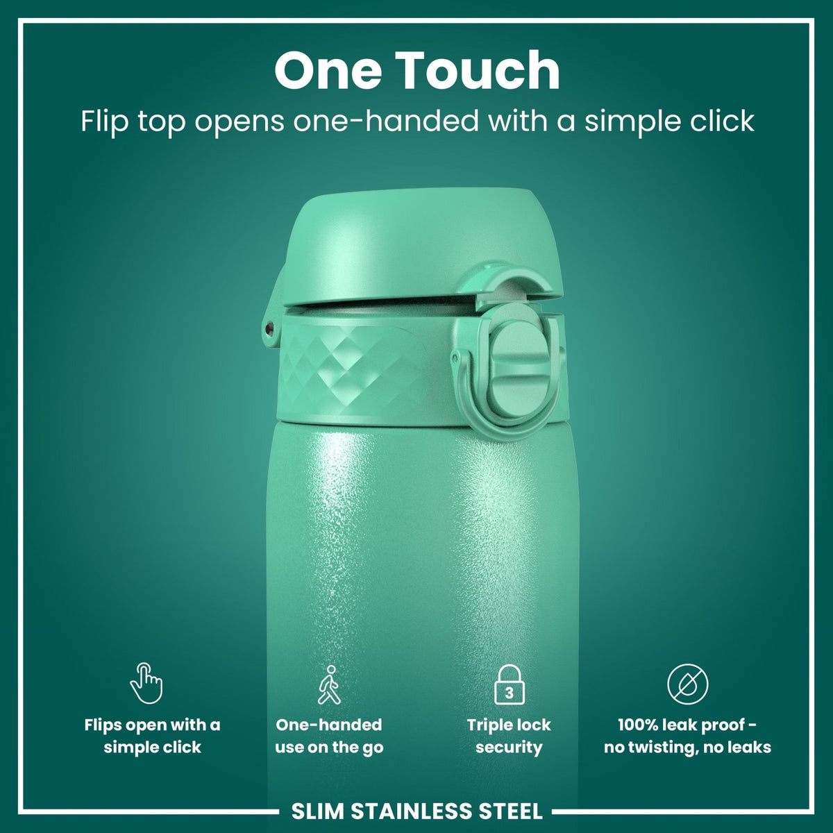 Ion8 stainless steel water bottle in teal, 600ml (20oz), leak-proof slim design for durable hydration.