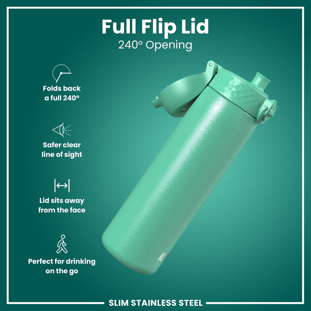 Ion8 stainless steel water bottle in teal, 600ml (20oz), leak-proof slim design perfect for everyday hydration