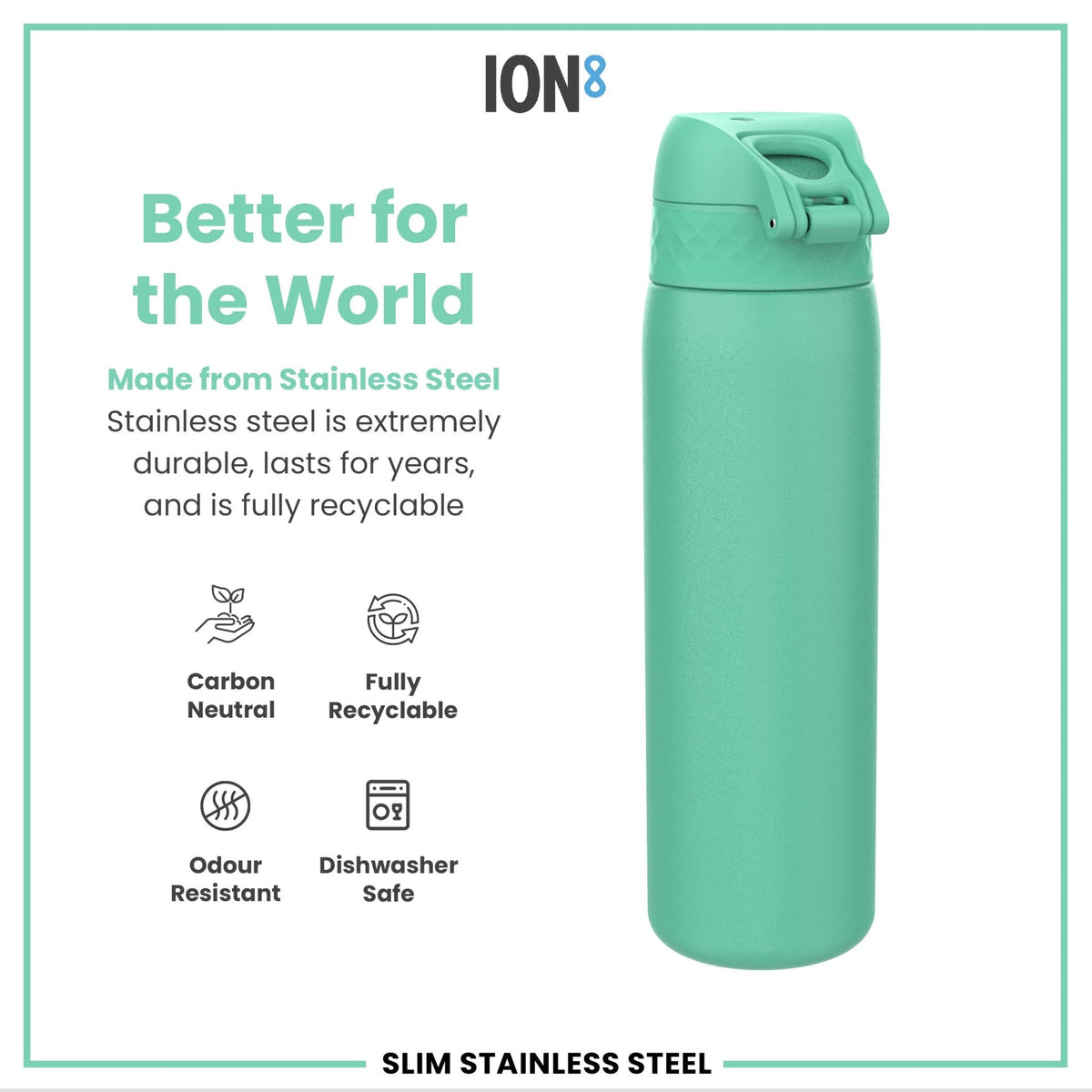 Ion8 stainless steel water bottle in teal, 600ml (20oz), leak-proof and slim design for durable hydration.