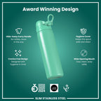 ION8 stainless steel water bottle in teal, 600ml capacity, leak-proof slim design, durable stainless steel construction.