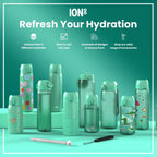 ION8 stainless steel water bottle in teal, 600ml capacity, leak-proof design, slim and durable for everyday hydration.