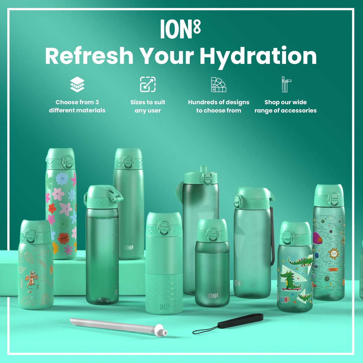 ION8 stainless steel water bottle in teal, 600ml capacity, leak-proof design, slim and durable for everyday hydration.