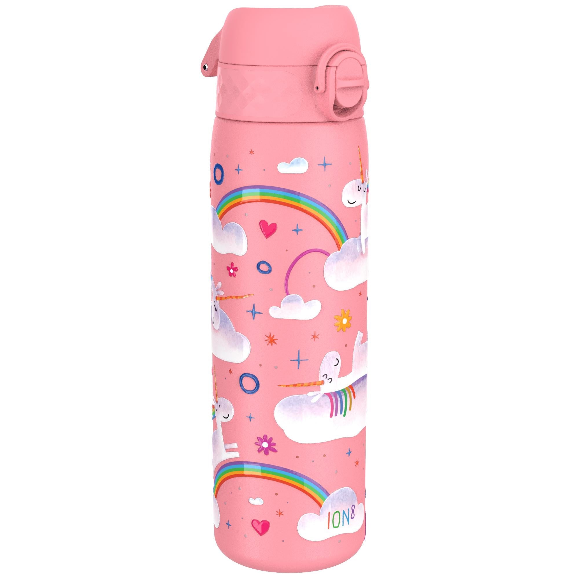 ION8 stainless steel leak-proof water bottle with unicorn rainbow design, 600ml capacity, slim and durable for everyday use.