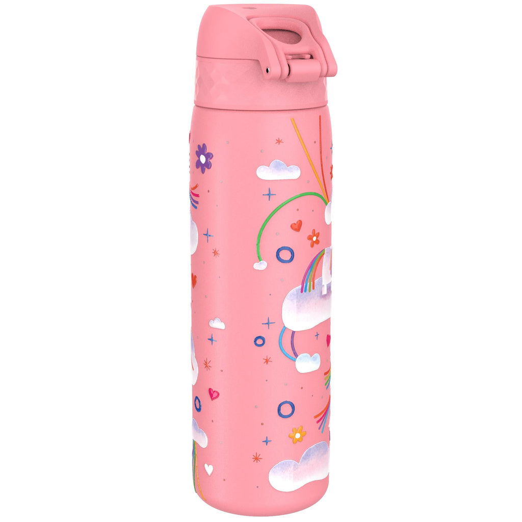 ION8 stainless steel water bottle with unicorn rainbow design, 600ml capacity, leak-proof, slim and durable for everyday use