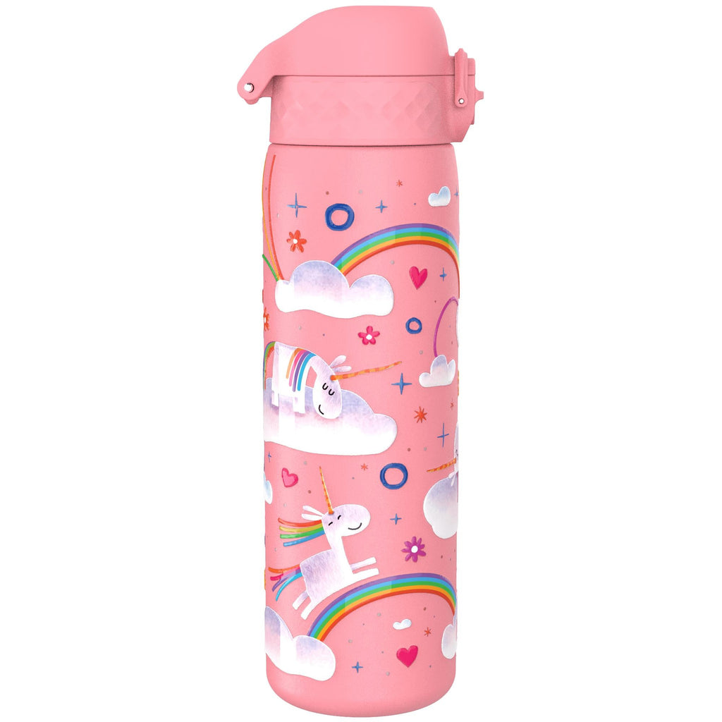 ION8 stainless steel water bottle with unicorn rainbow design, 600ml capacity, leak-proof, slim and durable for everyday use.