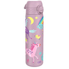 Ion8 stainless steel water bottle with unicorn design, 600ml capacity, leak-proof, slim 20oz steel water bottle for hydration.