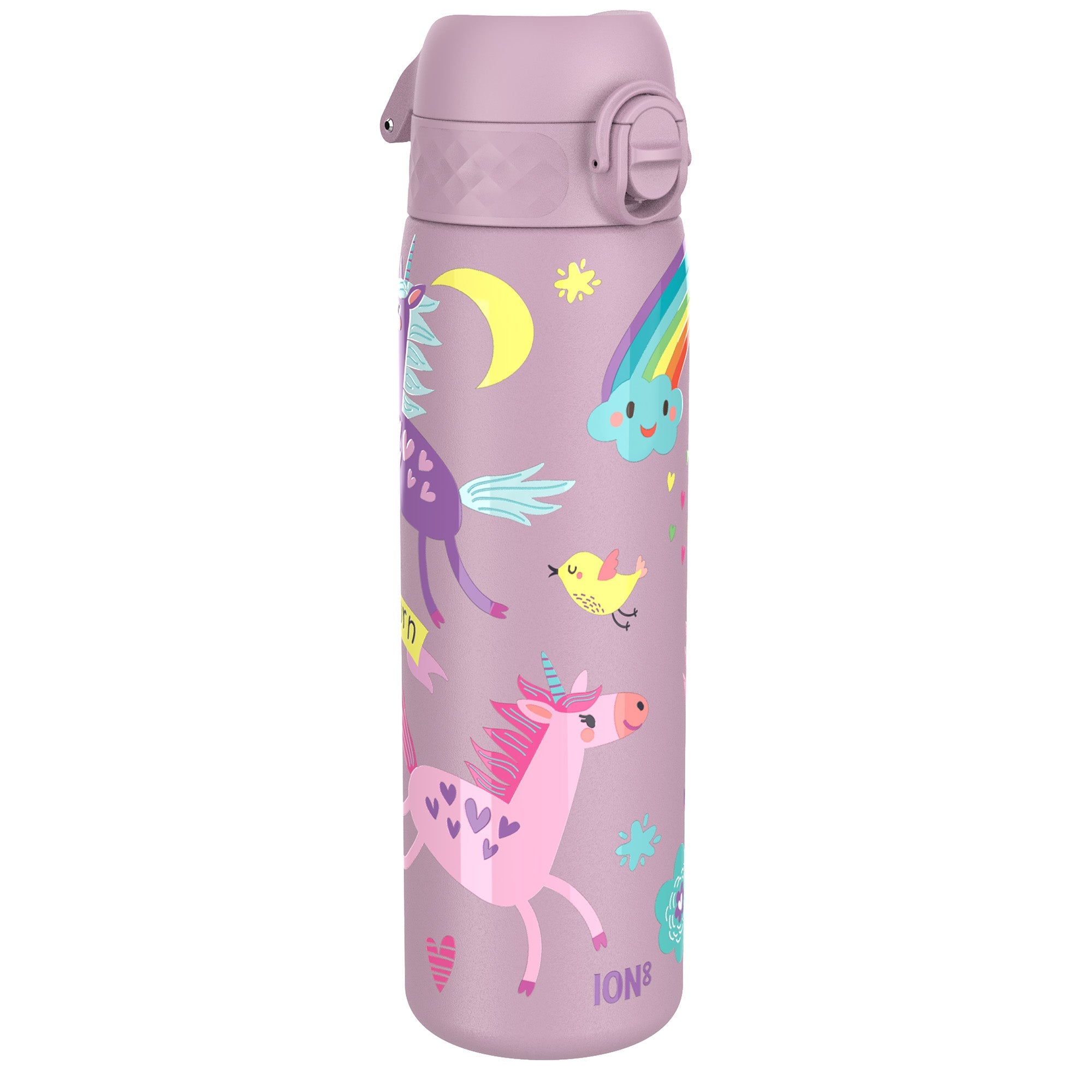 Ion8 stainless steel leak-proof water bottle featuring colorful unicorn designs, 600ml capacity, slim and durable for everyday use.