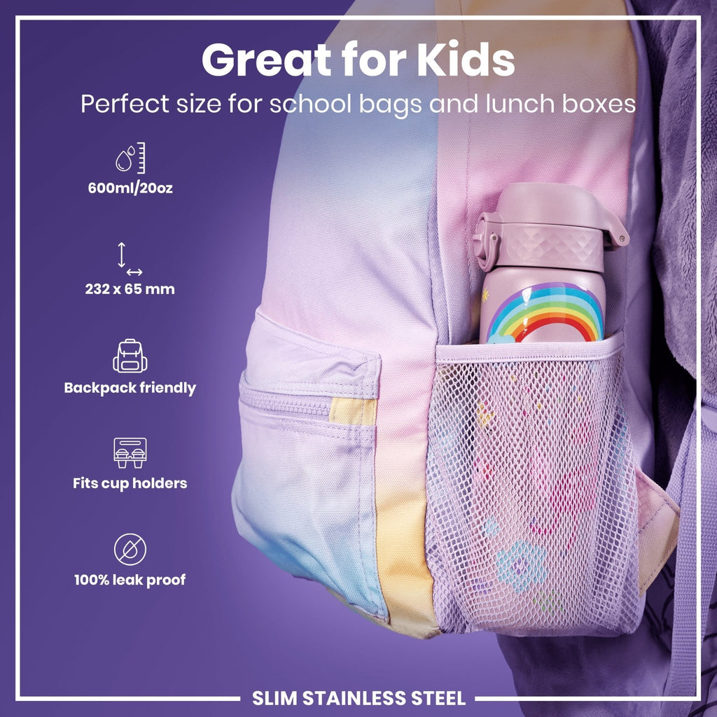 ION8 stainless steel water bottle with unicorns design, 600ml capacity, leak-proof, slim and durable steel water bottle for daily use