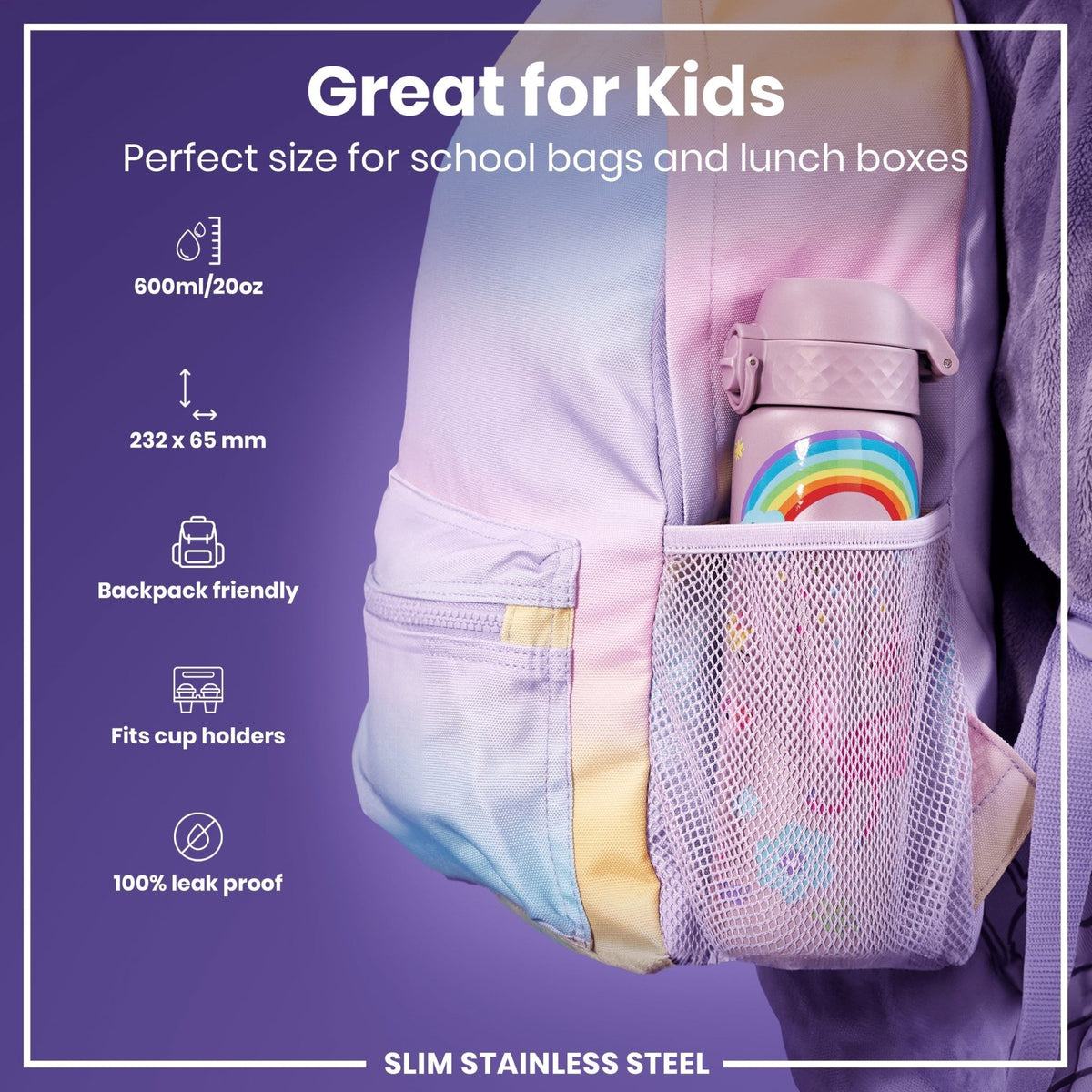 ION8 stainless steel water bottle with unicorns design, 600ml capacity, leak-proof, slim and durable steel water bottle for daily use