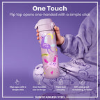 Ion8 stainless steel water bottle with unicorn design, 600ml capacity, leak-proof, slim, durable steel water bottle for hydration.