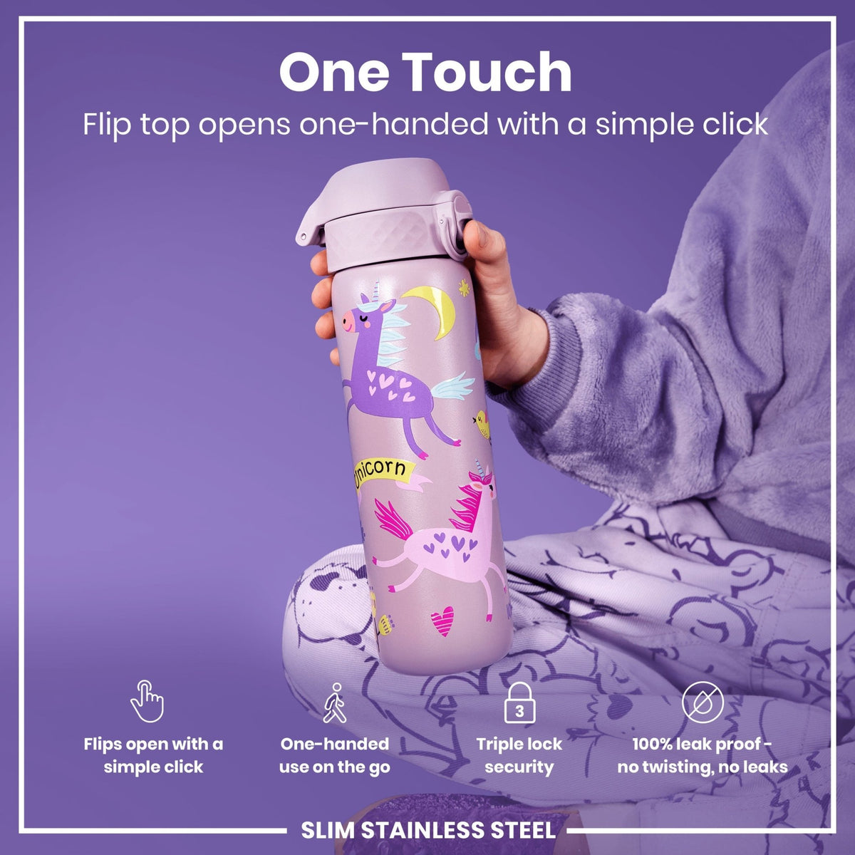 Ion8 stainless steel water bottle with unicorn design, 600ml capacity, leak-proof, slim, durable steel water bottle for hydration.