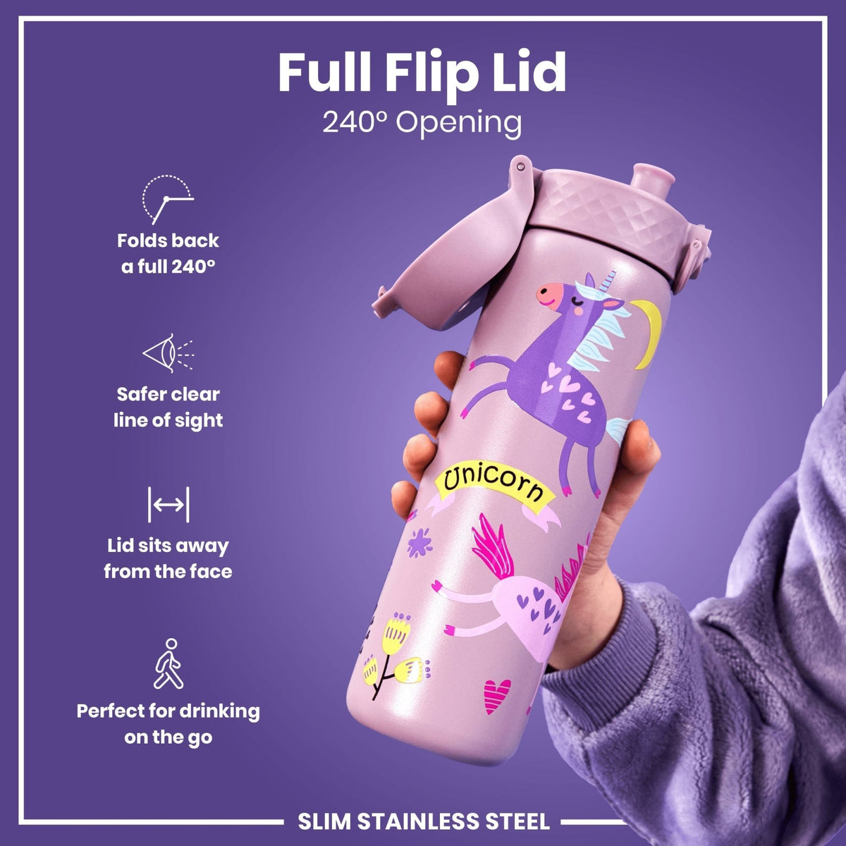ION8 stainless steel water bottle with unicorn design, 600ml capacity, leak-proof, slim, durable steel water bottle for everyday use
