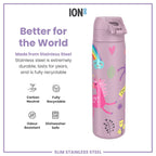 Ion8 stainless steel water bottle with unicorn design, 600ml capacity, leak-proof, slim and durable steel water bottle for hydration