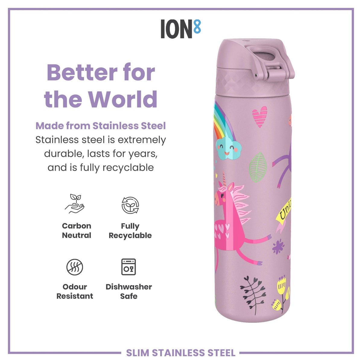 Ion8 stainless steel water bottle with unicorn design, 600ml capacity, leak-proof, slim and durable steel water bottle for hydration