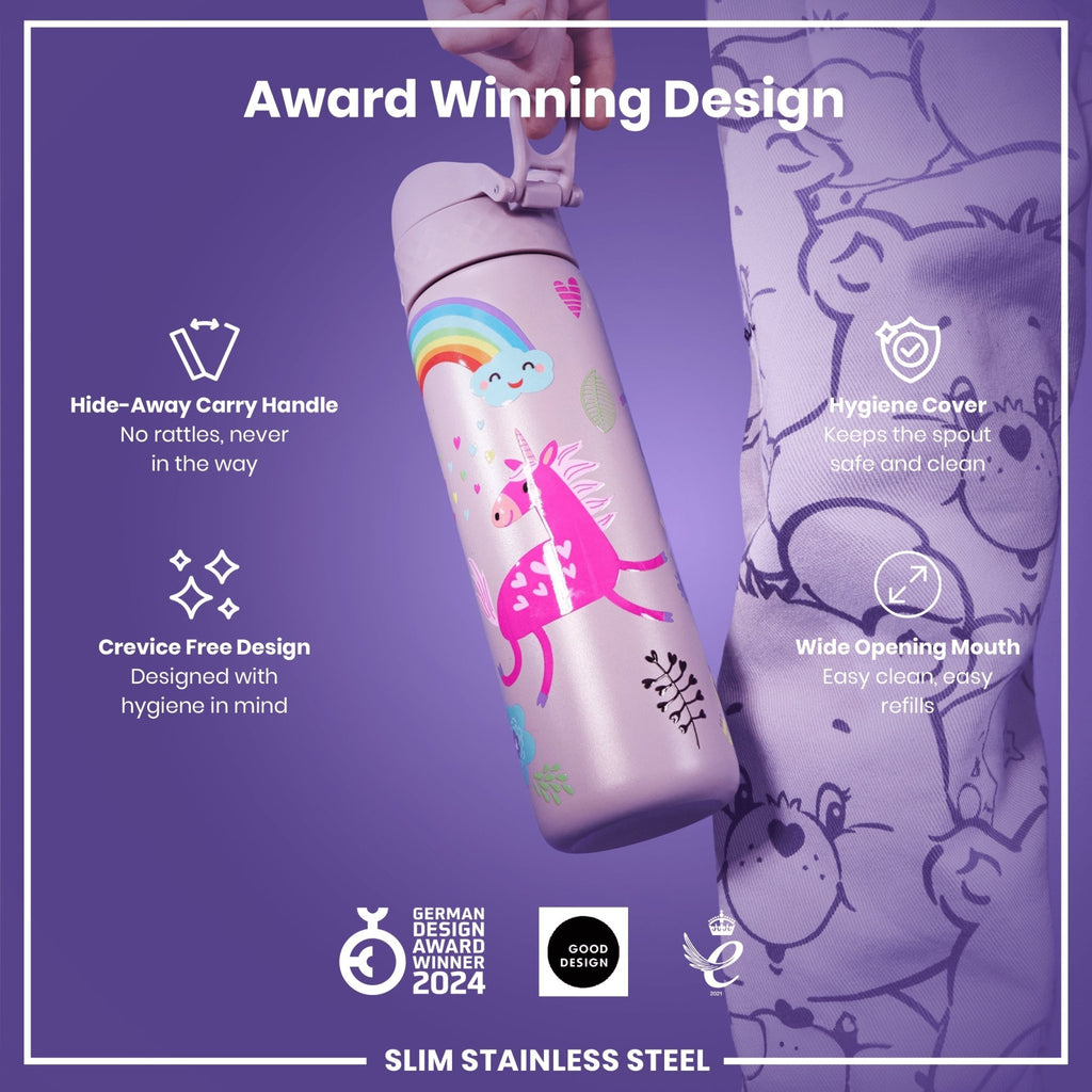 ION8 stainless steel water bottle with unicorns design, 600ml capacity, leak-proof, slim and durable steel water bottle for daily use.
