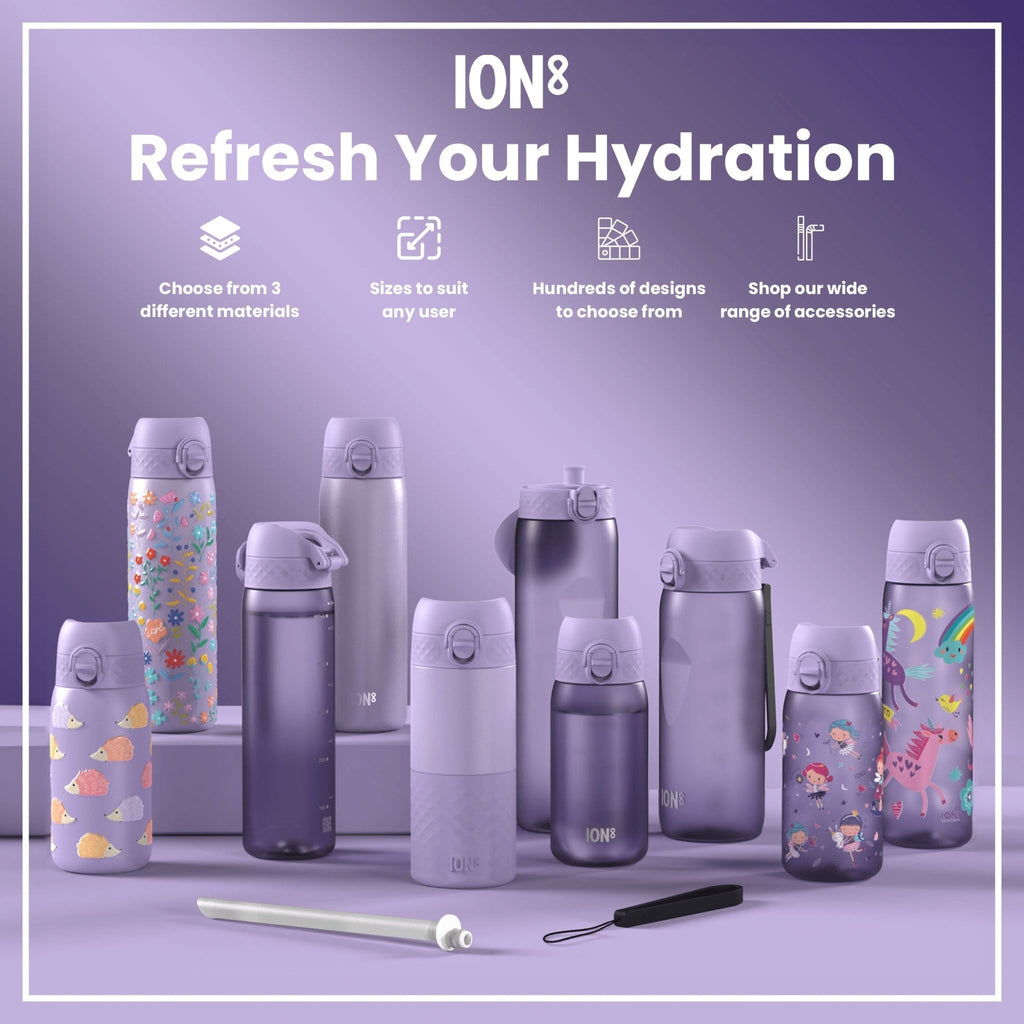 ION8 stainless steel water bottle with unicorn design, 600ml capacity, leak-proof, slim and durable for everyday use