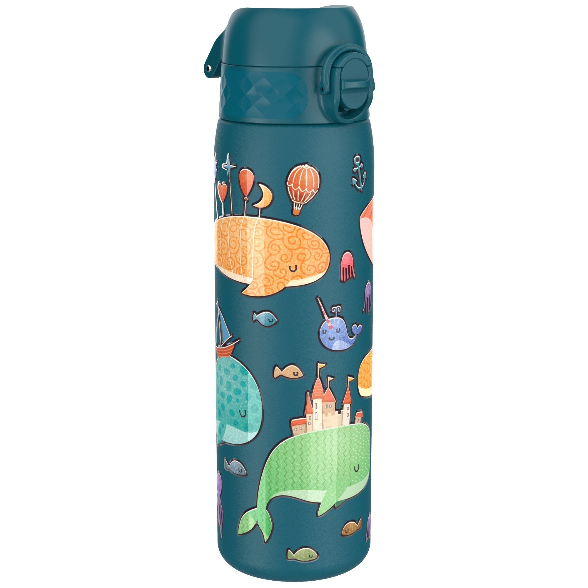 ION8 stainless steel leak-proof water bottle with whale design, 600ml (20oz) slim water bottle for hydration on the go.